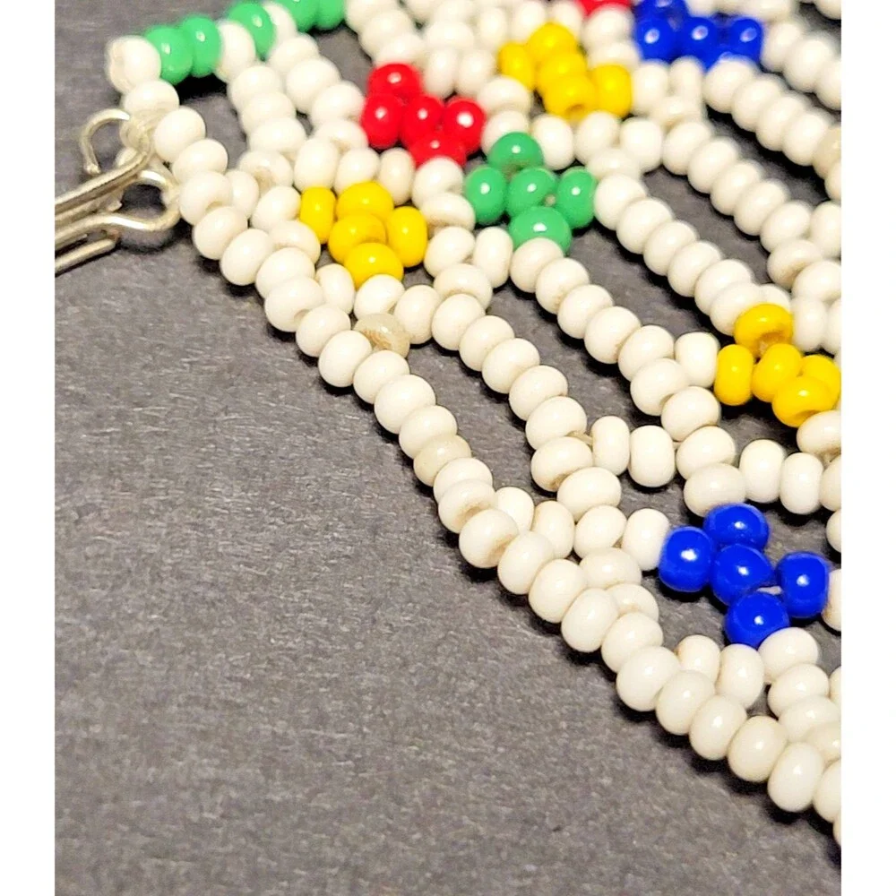 Vintage Artisan Netted Seed Bead Collar Necklace Bib Ukrainian Style Colorful 12